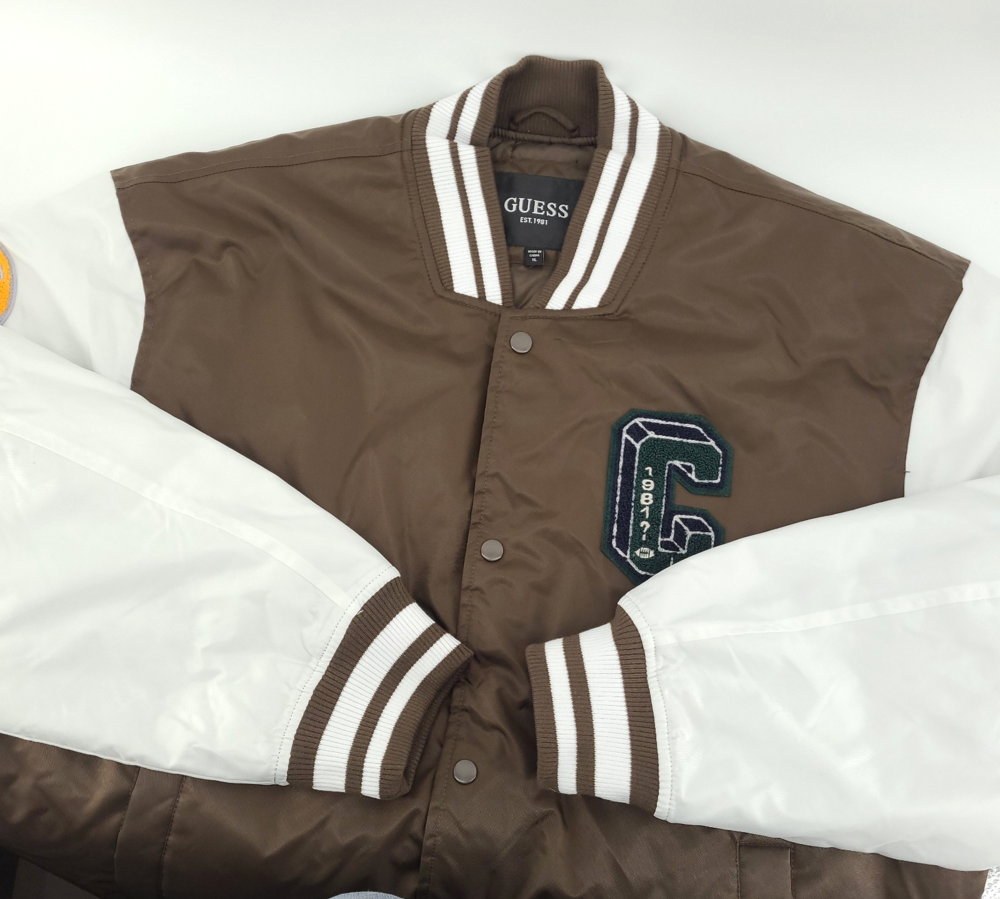 GUESS Mens XL Brown White Varsity Bomber Letterman Jacket Chenille Patches NWOT